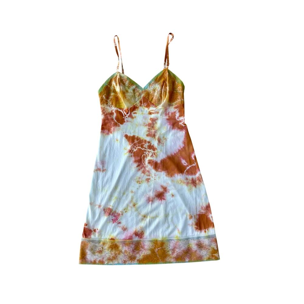 Hand Dyed Vintage 1960s Orange Tie Dye Slip Dress Reworked Upcycled Loungewear